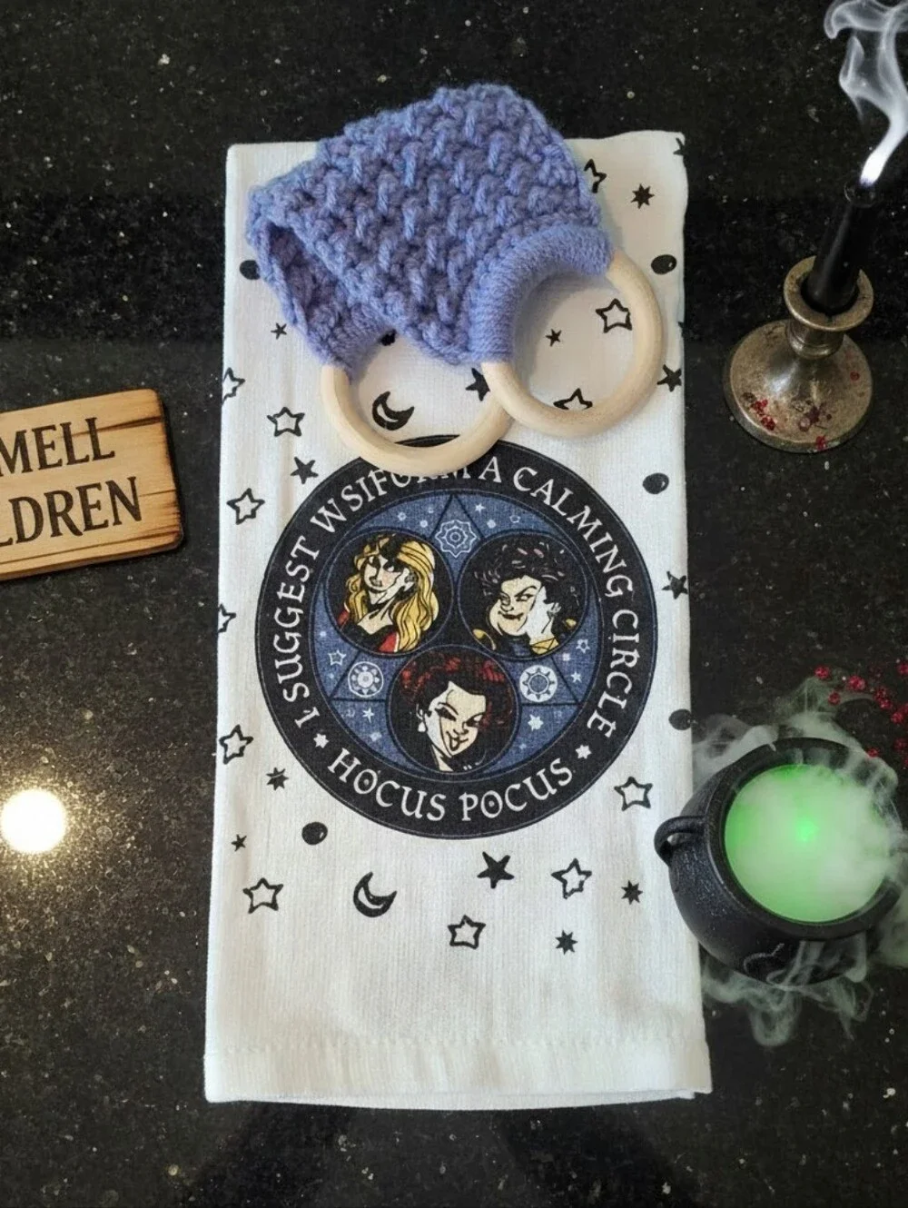 Handmade Disney Hocus Pocus Dish Towel Holder W Wooden Rings NWOT